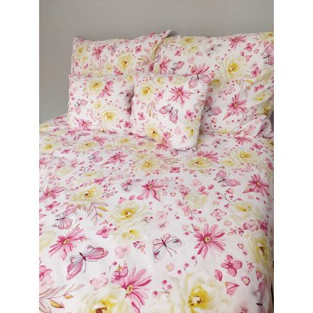 Dupla paplanos pamut vászon ágynemű szett ,rózsaszín -sárga,virágos pillangós