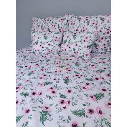Dupla paplanos pamut vászon ágynemű szett ,fehér alapon  rózsaszín  virágok