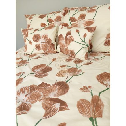 Dupla paplanos pamut vászon ágynemű szett ,valíliasárga alapon barna virágos