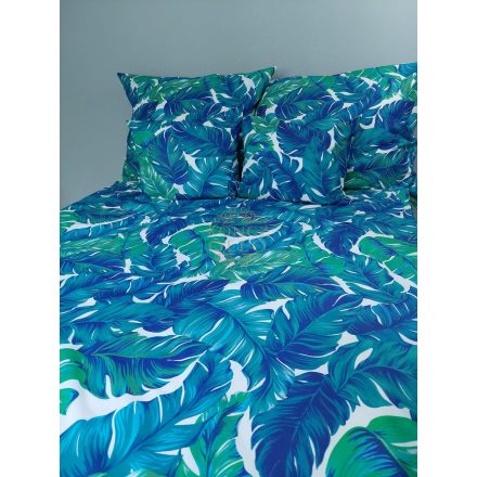 Dupla paplanos pamut vászon ágynemű szett ,fehér alapon kék-zöld leveles