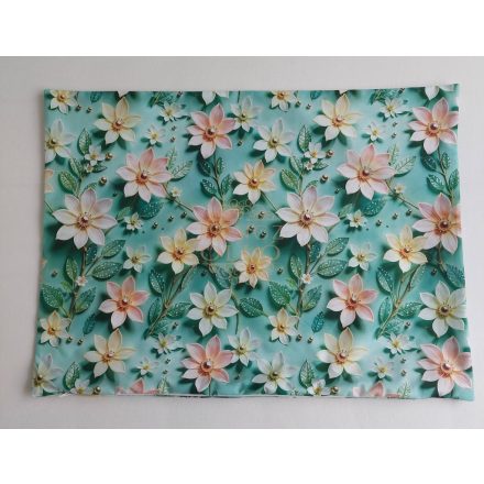 100 % pamut vászon félpárna huzat 50×70 cm-s, türkiz virágos 5 D 
