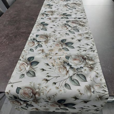 Ezüst Rózsák – 5D pamut asztali futó, 35 × 140 cm