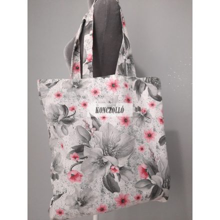Dupla falú pamut vászon bevásárló táska,vállra akasztható , szürke-rózsaszín  virágos