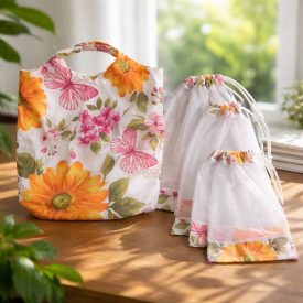   Pamutvászon bevásárló táska hálós zsák szettel ,virágos,pillangós
