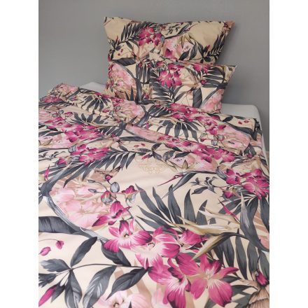 100 % pamut vászon ágynemű szett,drapp-rózsaszín leveles-kolibris